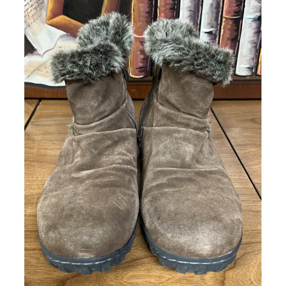 Brown Faux Suede Fur-Lined Ankle Boots Buckle Detail & Side Zipper Size 9 - Picture 3 of 7